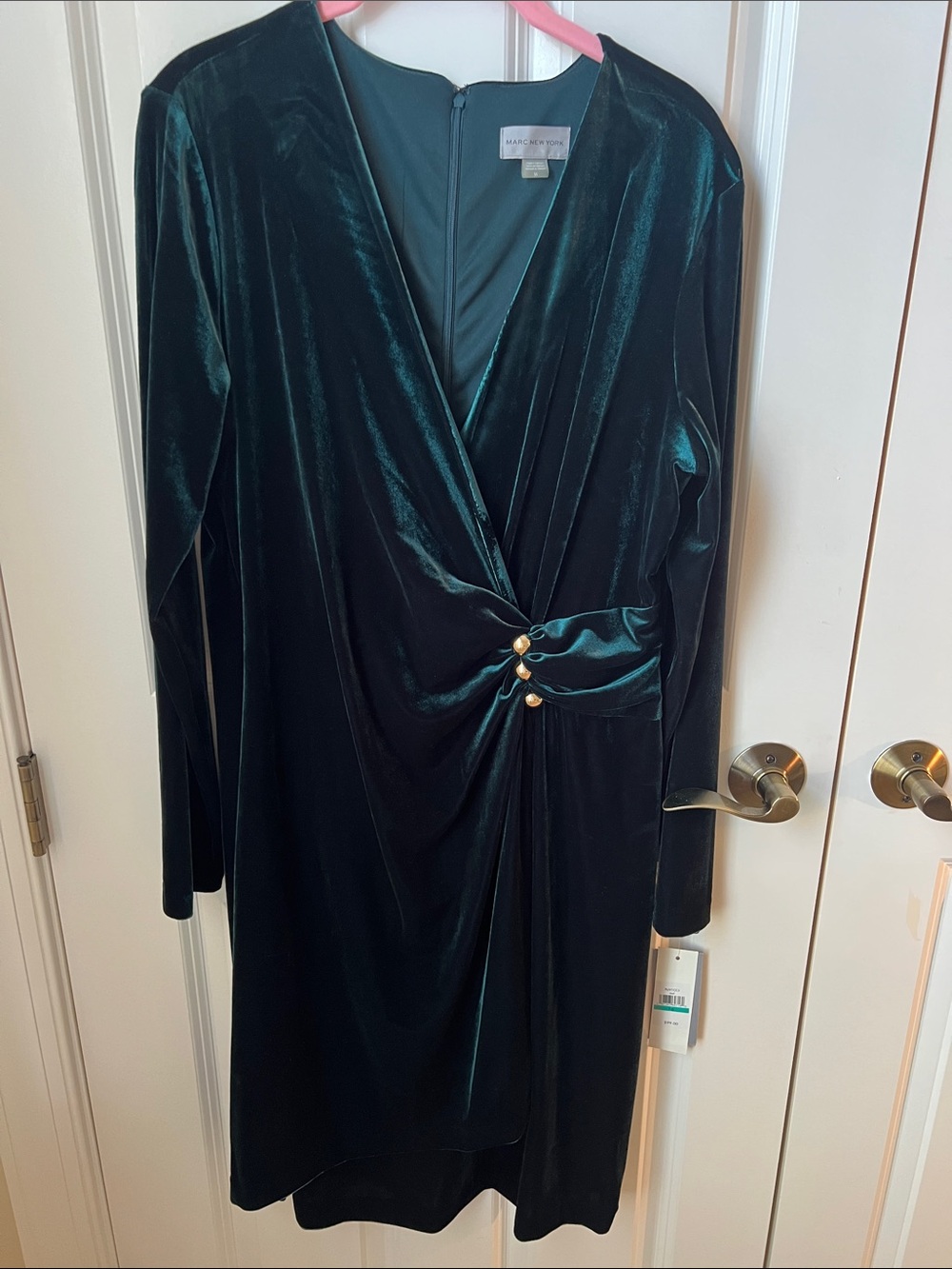 Marc New York Green Velvet, Faux Wrap Dress with Gold Button New $99.00 Tags